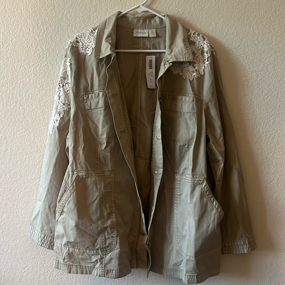 NWT Chicoโs khaki tan lace appliquรฉ utility jacket